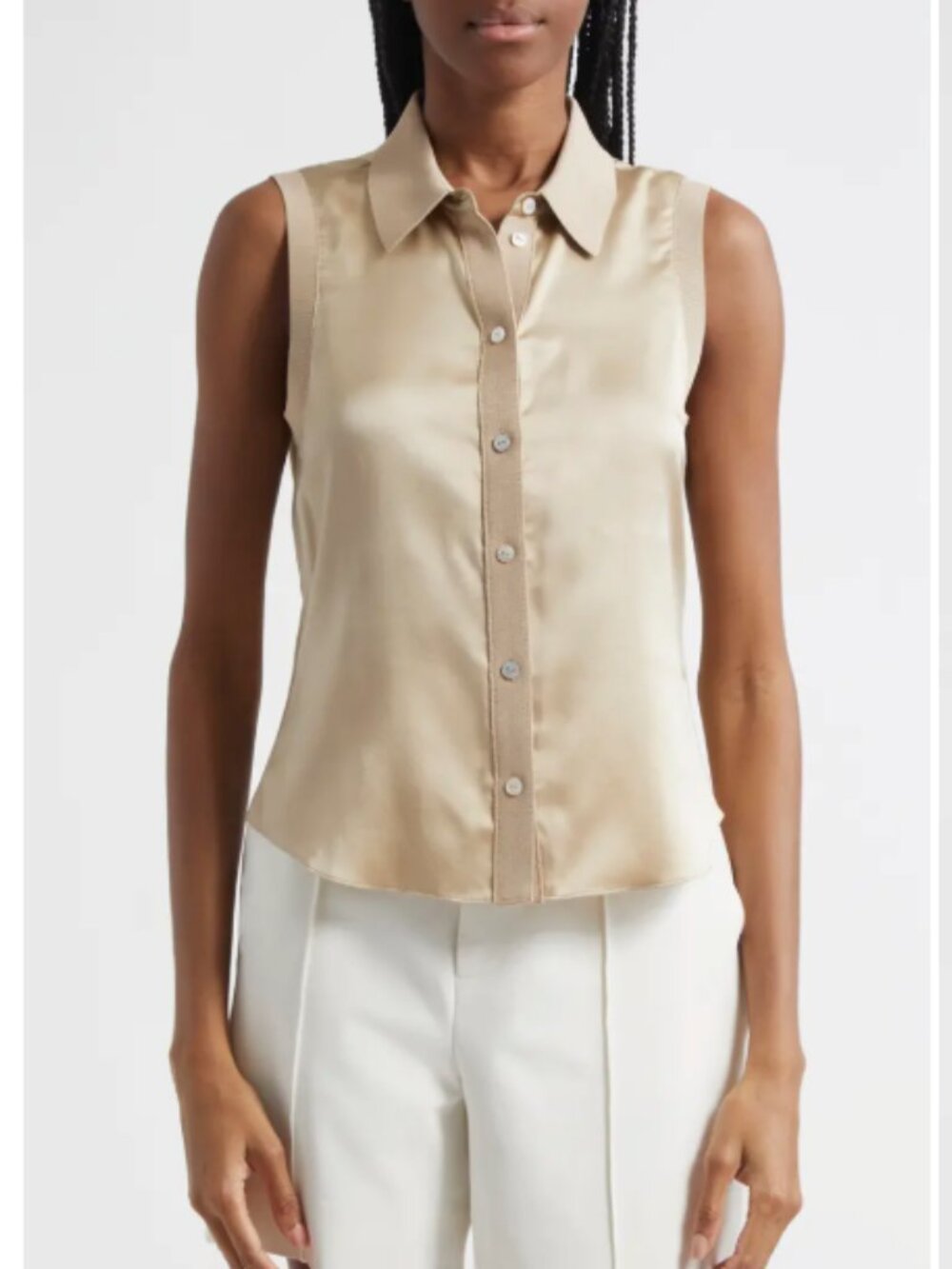 cinq a sept Satin Sleeveless Button-Front Blouse in Champagne Beige